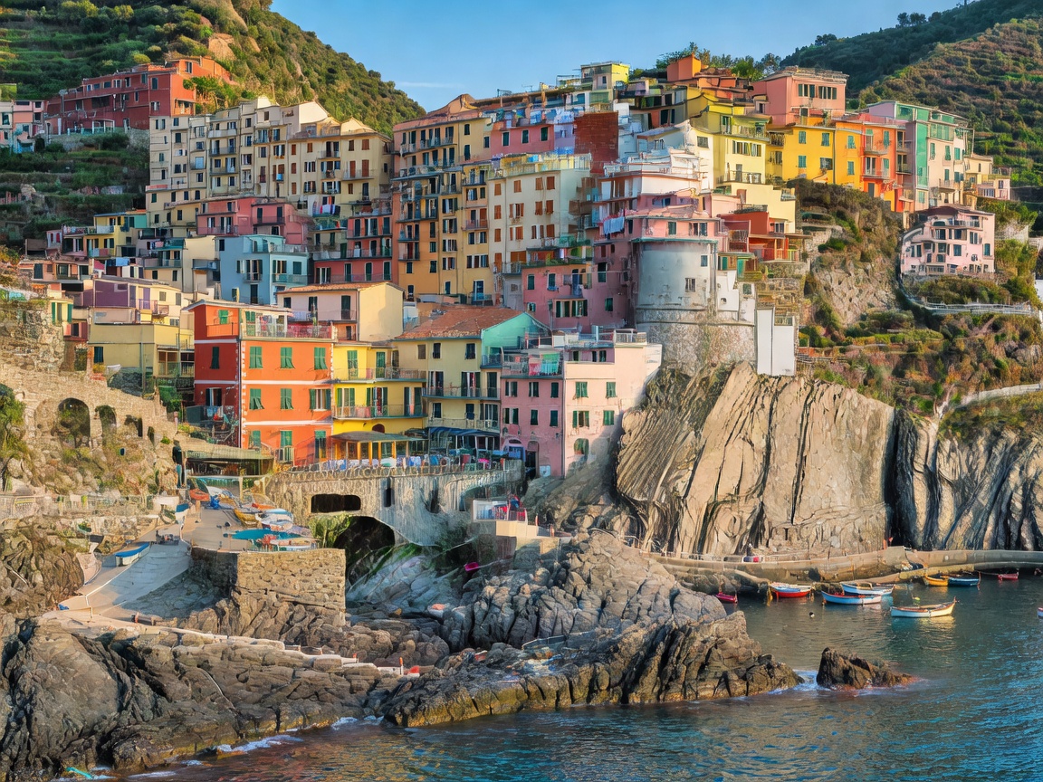 Scenic view of colourful village in Cinque Terre Italy along the rocky Mediterranean coast