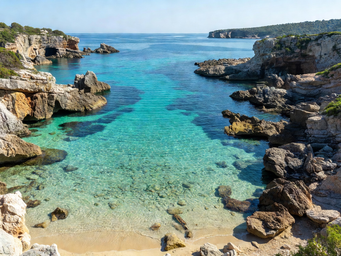 Crystal clear turquoise waters and rocky coves along the coastline of Southern Europe in May