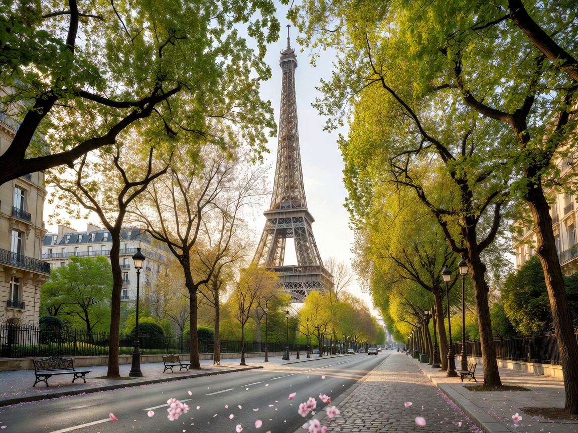 Eiffel tower viewed through Parisian boulevard trees in spring with blooming branches
