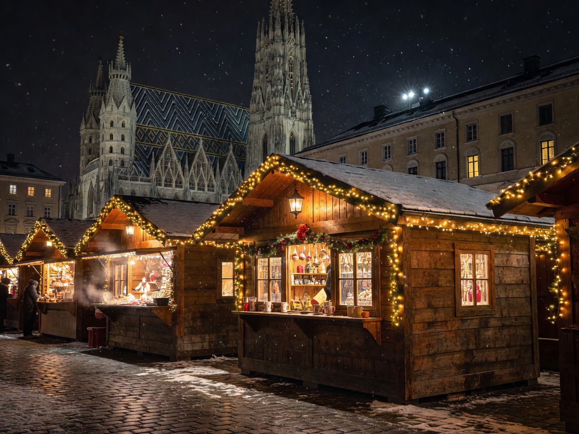 Festive illuminated wooden chalets at Christmas market in Vienna Austria at night