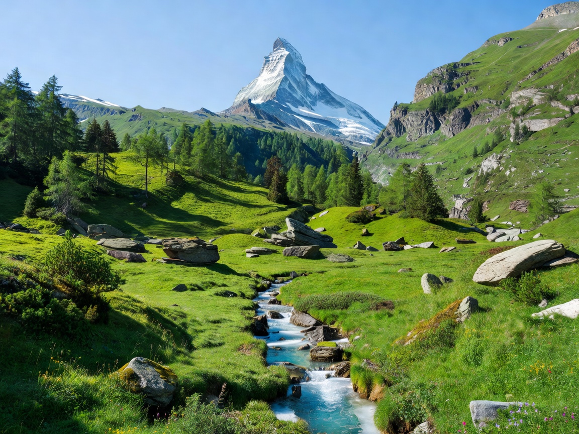 Dramatic snow capped mountain peaks and green alpine meadows in Zermatt Switzerland