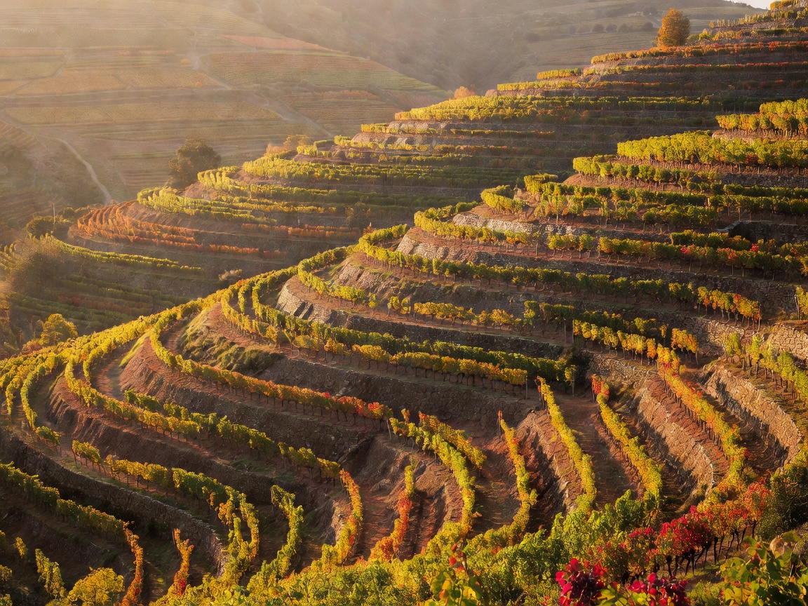 Lush terraced vineyards on steep hills of Douro Valley Portugal during golden autumn light