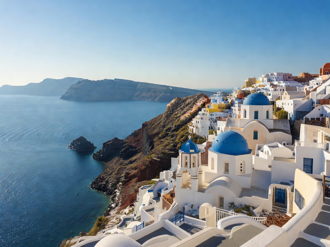 White washed cycladic architecture and blue domed churches in Santorini Greece overlooking Aegean Sea