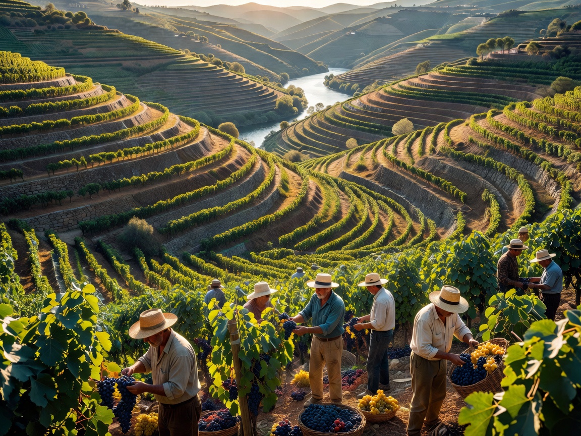 Sun-drenched vineyards during harvest season in Douro Valley Portugal