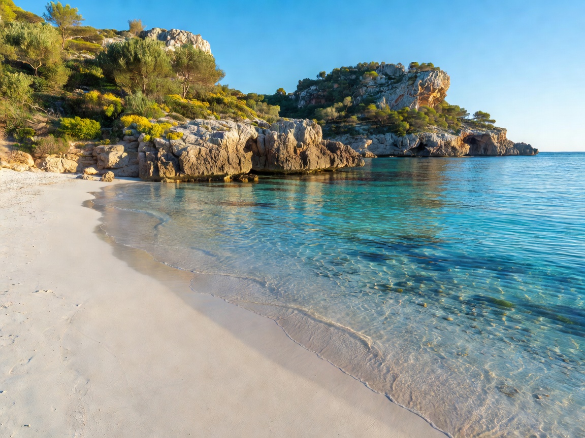 Sunlit coastline along Mallorca Balearic Islands with clear turquoise water